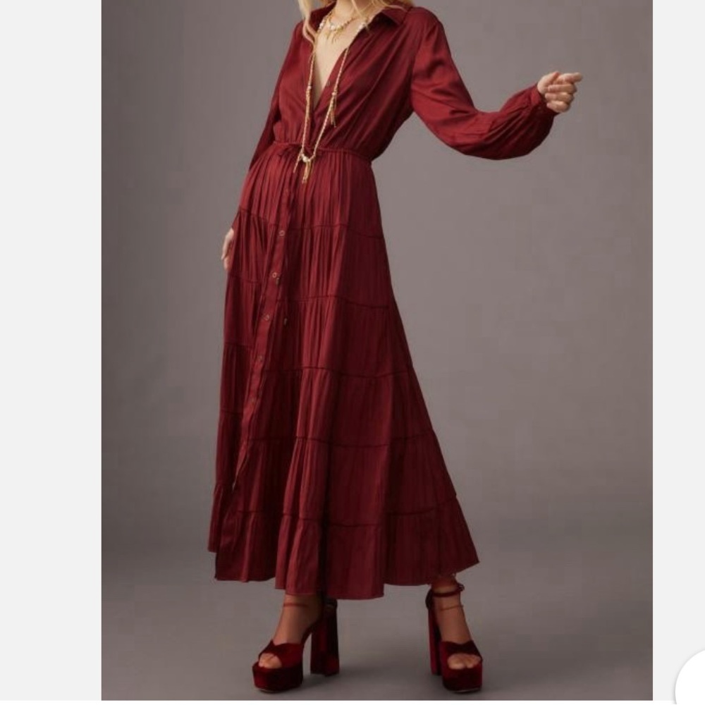 Anthropologie Burgundy Satin Tiered Button Front Maxi Dress Small